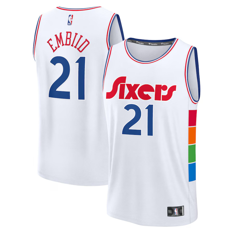 Men Philadelphia 76ers #21 Joel Embiid Fanatics White City Edition 2024-25 Fast Break Player NBA Jersey->philadelphia 76ers->NBA Jersey